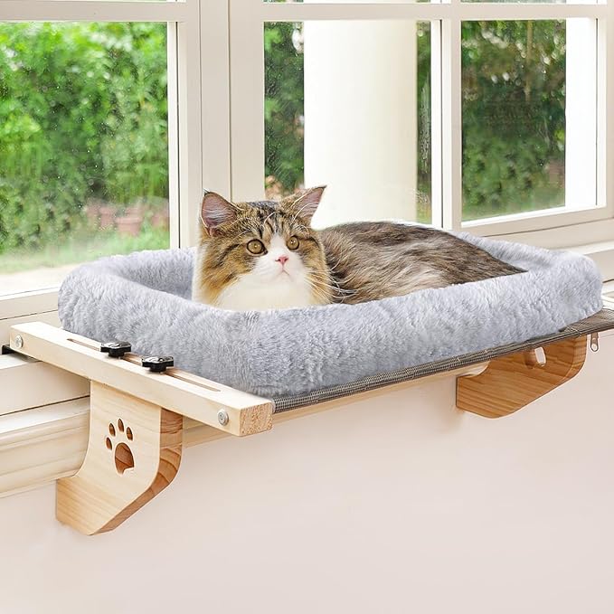 AMOSIJOY Cat Sill Window Perch Sturdy Hammock Window Seat with Cushion Cover, Wood & Metal Frame for Large Cats, Easy to Adjust Cat Bed for Windowsill, Bedside, Drawer and Cabinet (L)