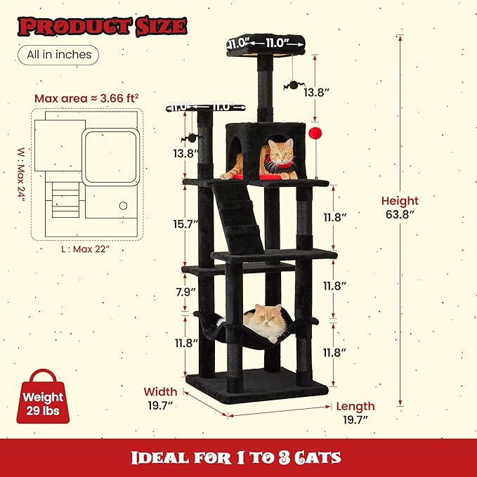 MWPO Gothic Cat Tree for Indoor Cats, 63.8 Inches Multi-Level Cat Tower with Sisal-Covered Scratching Posts, Padded Platform, Hammock, Dangling Toys, Stable Cat Condo Pet Play House, Black
