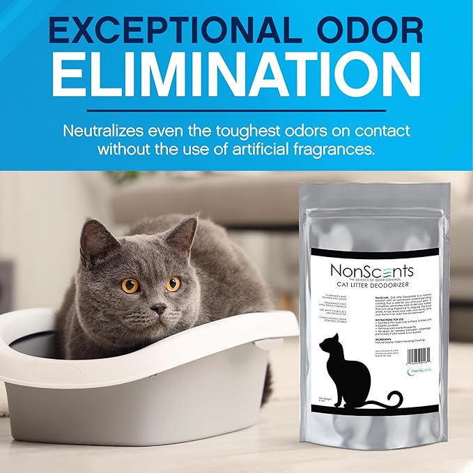 NonScents Cat Litter Deodorizer - Litter Box Odor Eliminator - Less Scooping Extends Kitty Litter Lifespan - Fragrance-Free Formula Eliminates Unpleasant Cat Odors – 8 Pound Bag