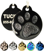 Engraved Pet Tag for Dogs and Cats - Personalized Front & Back up to 4 Lines of Text Custom Engraved ID, Round Paw Print Solid Plating Stainless Steel Black Regular