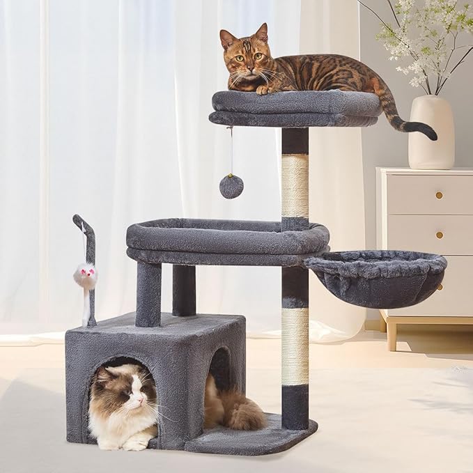 Taoqimiao MS043G Cat Tree, 32.2-Inch Cat Tower for Indoors Cats, Cat Condo with Large Cat Perch, Spacious Cat Cave, Scratching Posts for Small and Medium Cats, Smoky Gray