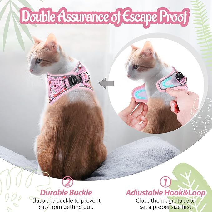 Cat Harness and Leash Escape Proof for Walking, Adjustable Soft Kitten Harness with Reflective Straps Step in Cat Vest Harness for Small Kitten and XS Dogs (Pink, M-Chest(14.5"-16.3"))
