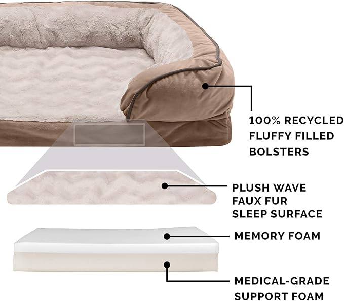 Furhaven Memory Foam Dog Bed for Large Dogs w/ Removable Bolsters & Washable Cover, For Dogs Up to 125 lbs - Plush & Velvet Waves Perfect Comfort Sofa - Brownstone, Jumbo Plus/XXL