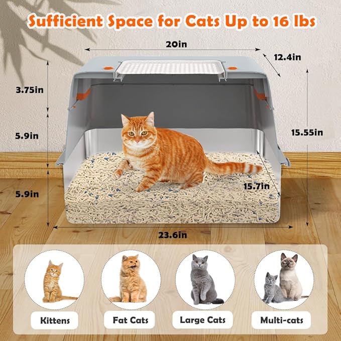 Vivifying Stainless Steel Litter Box with Lid, XL Side Entry Extra Large Litter Box for Big Cats & Kitty, Removable Enclosed Metal Cat Pan with High Sided Enclosure, Scoop, Mat, Footboard (Gray)
