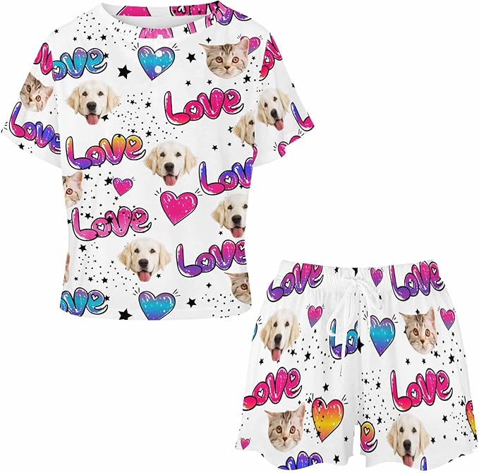 D-Story Custom Short Pajama Set with Pet Face Personalized Photo Sleepwear 2 Pieces Pjs Nightwear Xmas Gift for Women