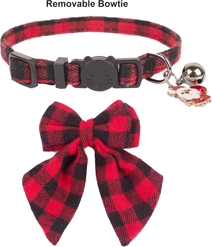 ADOGGYGO Christmas Cat Collars Breakaway with Bowtie, 2 Pack Red Green Plaid Xmas Kitten Collar with Removable Bow Bell Christmas Collar for Cats Kittens