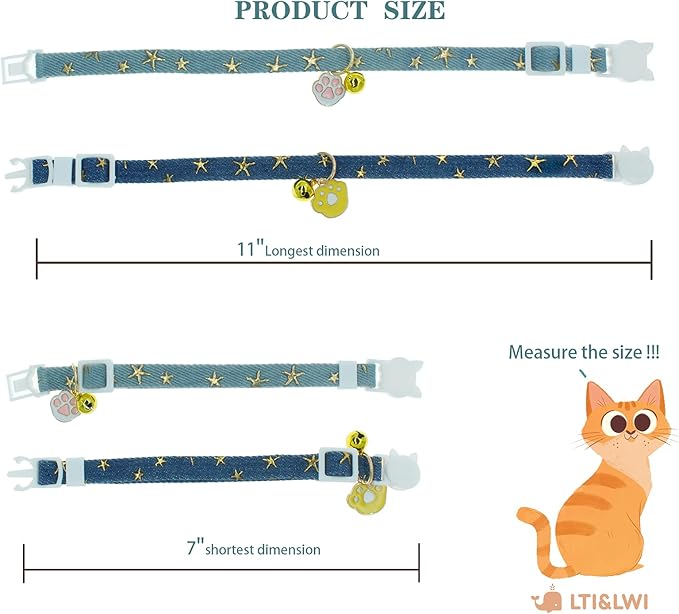 2 Pack Denim Breakaway Cat Collars with Bell Cat Paw Pendant Kitty Kitten Collars Blue Collar for Female Girl Cats Male Boy Cats Star Print