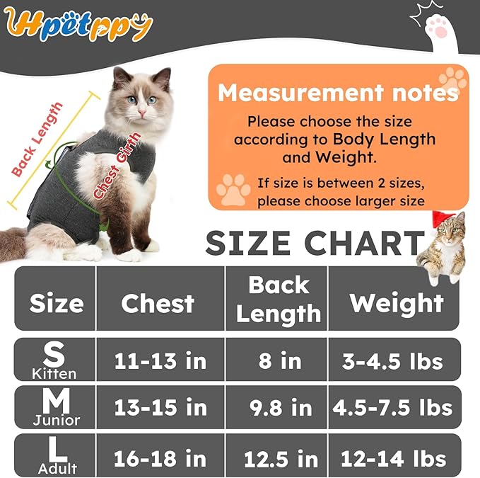 Cat Recovery Suit for Spay Abdominal Wounds, Kitten Onesie Bodysuit for Cats After Surgery, Cat Surgery Recovery Suit Female Cone of Shame Alternative for Cats Anti Licking (Dark Grey,S)