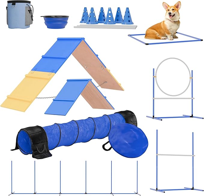 FetchFlow Dog Agility Training Equipment – Complete Backyard Agility Course Set w/Adjustable A-Frame Ladder, Weave Poles, Cones, Jump Hoop, Tunnel & Sandbags – Outdoor Dog Playground Kit