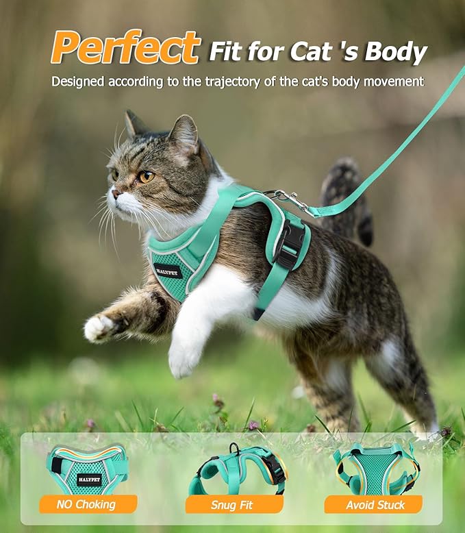 Halypet Cat Harness and Leash Set [MAX Safety 4th-Gen Upgrade] Escape Proof Adjustable Cat Leash Comfortable Soft Vest Easy to Wear Kitten Harness with Reflective Strip for Cats Walking, S Green