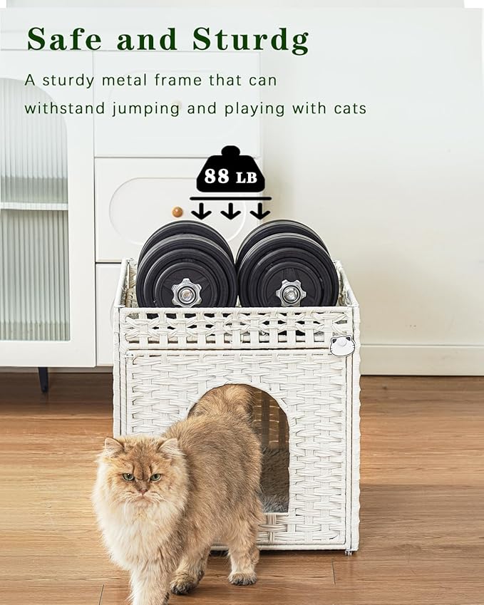 Cat Beds for Indoor Cats Extra Large Double Cat Cave Pet Cube, Handwoven Rattan Cat Houses with Double-Sided Soft Cushions, 18.5 x 20.5 x 19.1 Inches Foldable Hideaway in Living Room White