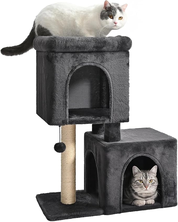 Amazon Basics 30-Inch Cat Tree Tower, Activity Center with 2 Plush Condos, Sisal Scratching Post and Hanging Pompom, Gray