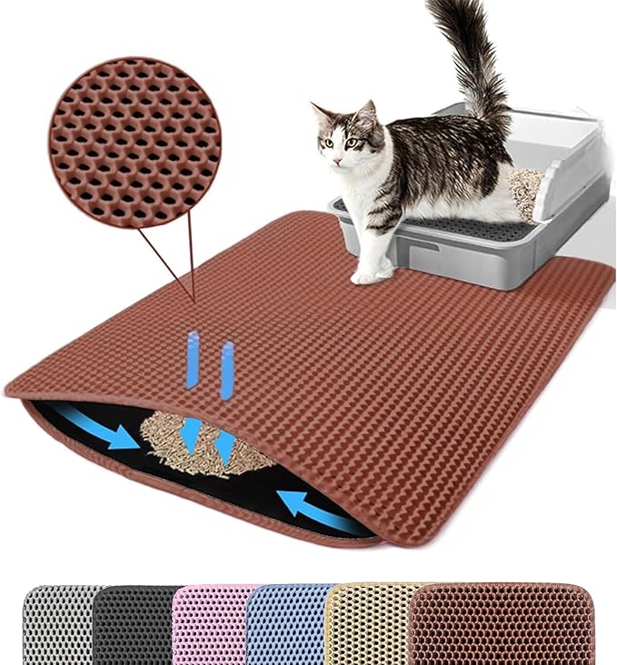 Extra Large Cat Litter Mat, 30x22 Inches Honeycomb Double Layer Cat Litter Trapping Mat, Non Slip Waterproof Urine Proof Large Kitty Litter Box Mat for Floor, Kitten Supplies, XL, Brown