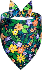 Spring Floral Dog Bandana for Small Dogs, Reversible 2 Patterns in 1 - Wildflower & Plaid Scarf, Summer Decorative Pet Bib for Girl Pups (9-14" Neck)