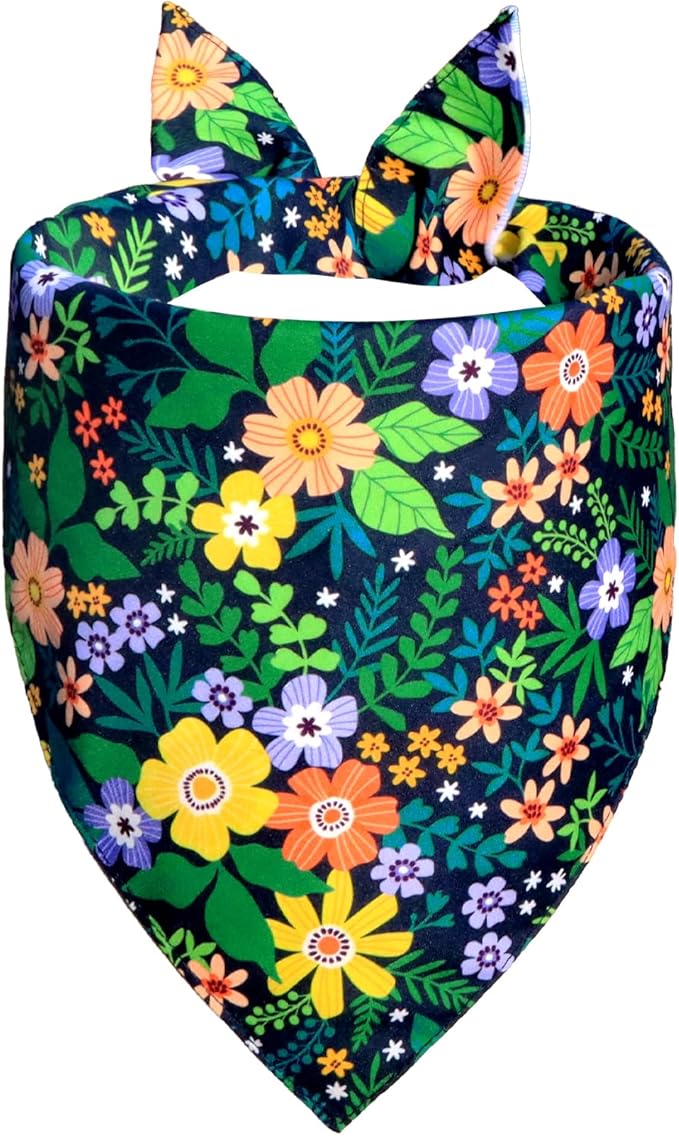 Spring Floral Dog Bandana for Small Dogs, Reversible 2 Patterns in 1 - Wildflower & Plaid Scarf, Summer Decorative Pet Bib for Girl Pups (9-14" Neck)