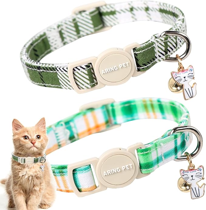 ARING PET 2 Pack Cat Collar-Cute Cotton Cat Collar with Bell & Pendant, Adjustable Spring Kitten Collars with Safety Buckle for Girl and Boy Pets