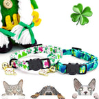Elegant little tail St Patrick's 2 Pack Cat Collar- Trefoil Print Cotton Breakaway Cat Collars with Bell Pendant Kitten for Boy Girl Safety Adjustable Collar for Small Cats Puppy