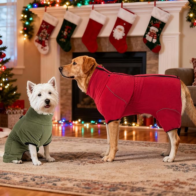 Mihachi Dog Snow Suit Dog Coat Soft Fleece Pullover Pajamas, Pet Windproof Warm Cold Weather Jacket with Zipper, Reflective Jumpsuit Apparel Outfit Clothes for Medium Dog, Army Green M