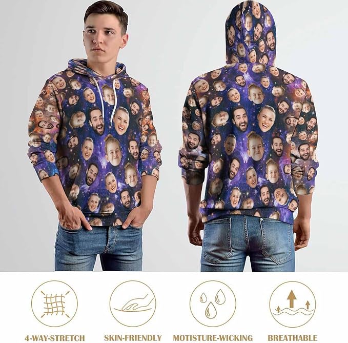Artsadd Custom Face Unisex athletic Pockets Sweatshirt Loose Hoodie Custom Christmas Long Sleeve Sweatshirt Hooded Pullover
