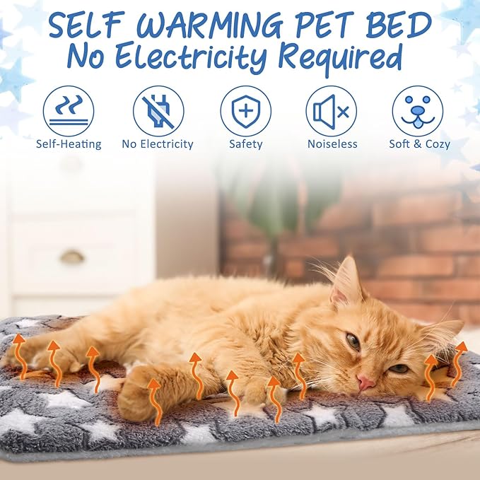 VitalCozy 2 Pack Self Warming Cat Mat Self Heating Pad Bed Reversible Machine Washable Reflects Body Heat Warm Thermal Pet Pad Crate Blanket for Feral and Indoor Cat (Star,17'' X 17'')