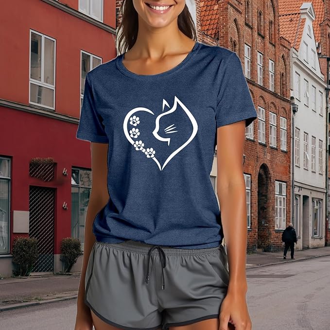 Cat Shirts for Women Cat Mom Tshirts Pet Lover Shirt Cats Paw Print Tee Tops