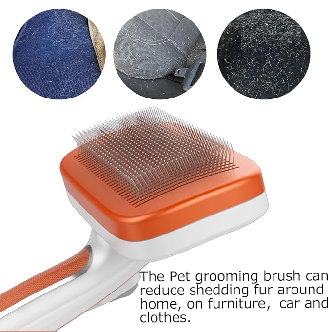 Self Cleaning Slicker Brush for Dogs, Cats Deshedding Grooming Tool, Skin Friendly, Remove Loose Shedding Hair, Glides Naturally without Pulling (Orange)