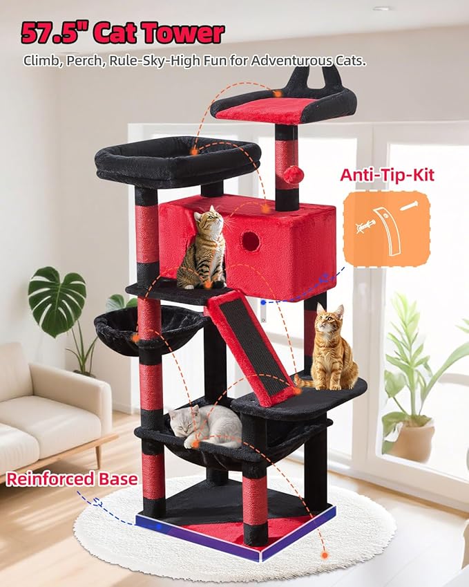 Taoqimiao Gothic Cat Tree 57.5-Inch, Cat Tower for Indoor Cats Large Adult, Extra Large Cat Condo, 8 Sisal Scratching Posts, Metal Frame Cozy Hammock, Durable Scratch Board, 2 Top Perches, MS026BR