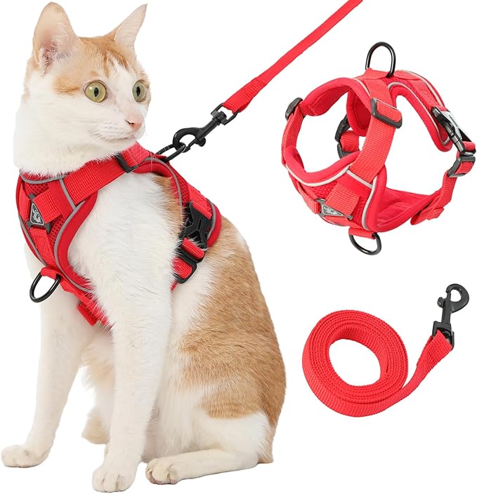 Cat Harness and Leash, Reflective Cat Harness Escape Proof for Walking, Adjustable Kitten Harness and Leash Set, 4 Buckles Easy Control Breathable Cat Vest Harness for All Types of Cats