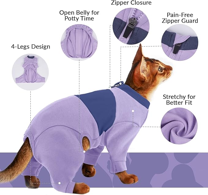 QBLEEV Cat Clothes, Soft Cat Sweaters for Cats Only, Kitten Surgery Recovery Suit Onesie Pajamas, Four Legs Cats Shirts Apparel Clothing for Hair Loss Prevention, Purple, S
