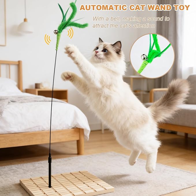 Interactive Cat Toy for Indoor Cats, Cat Scratching Board, Cat Wand Toy with Stable Wooden Base, Nail Polishing&Tooth Grinding Detachable Cat Teaser Kitty Kitten Toys Feather Spring Toy