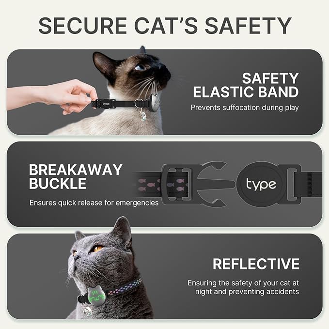Waterproof Airtag Cat Collar, Breakaway Cat Airtag Collar with Luminous & Reflective Fish Pattern, Lightweight Kitten Collars for Apple Air tag, Hidden GPS Tracker Holder for Cats, Kittens(9-13")