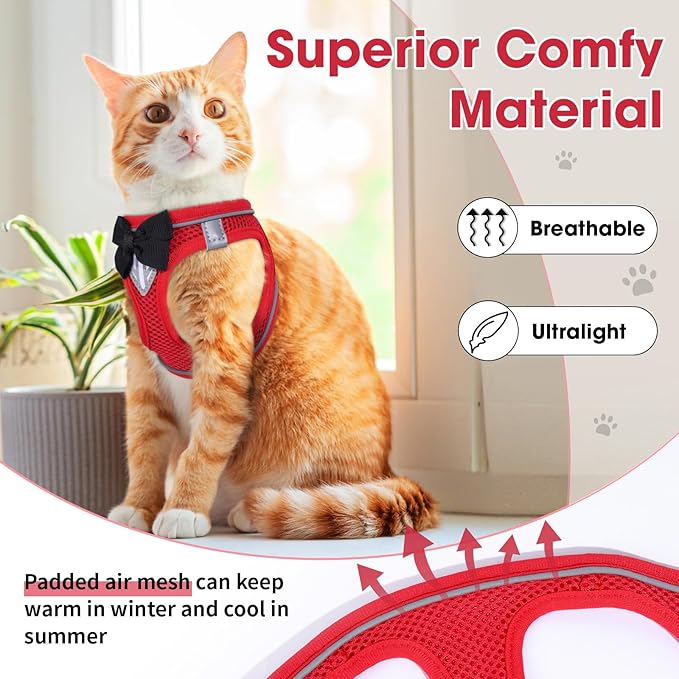 Cat Vest Harness and Leash Set for Walking Escape Proof, Adjustable Kitten Harness Breathable Mesh with Reflective Strips Harness for Kitty Puppy Bunny (Red, S)