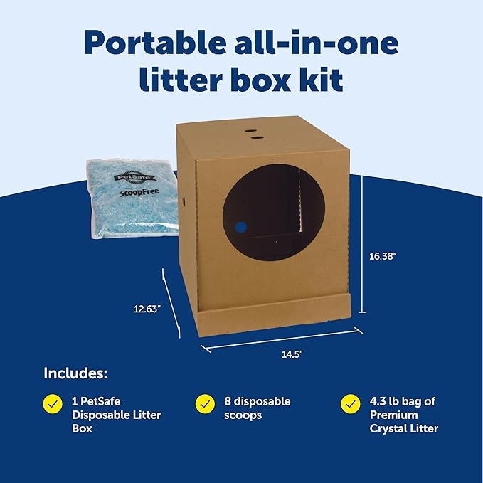 PetSafe Disposable Litter Box with Litter - Collapsible No-Mess Box with Reliable Leak-Proof Protection & Superior Odor Control - Includes 4.3 lb Bag Crystal Pebbles & 8 Disposable Scoops