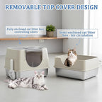 Enclosed Cat Litter Box with Flip-Top Lid, Stainless Steel Large Covered Litter Box, High Sided Metal Litter Pan with Litter Scoop & Mat, Odor Control, Leak Proof, Easy Cleaning, White