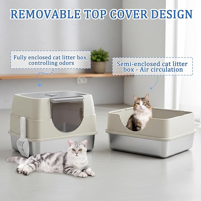 Enclosed Cat Litter Box with Flip-Top Lid, Stainless Steel Large Covered Litter Box, High Sided Metal Litter Pan with Litter Scoop & Mat, Odor Control, Leak Proof, Easy Cleaning, White