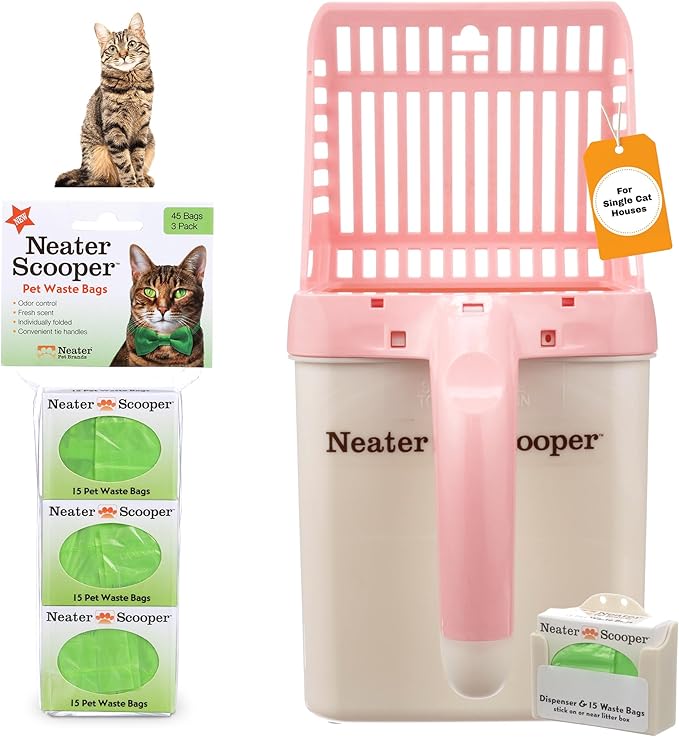 Neater Pet Brands Neater Scooper Standard Cat Litter Scoop, 60 Refill Bags – Mess-Free Cat Litter Scooper with Bag, Spill-Proof Kitty Box Sifter, Bin Doubles as Scoop Holder, For Single-Cat Households