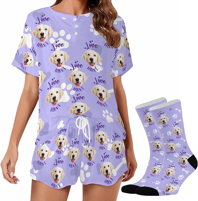 Custom Short Pajamas Set with Face Photo Women‘s Sleepwear Tee Personalized PJ Short Loungewear Set fot Her