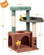 31" Cute Cat Tower for Indoor Kittens with Cat Condo, Plush Platform, Hammock, Sisal Scratching Posts, Dangling Ball, Tall Cat Tree Tower with Self-Grooming Brush (Olive Green)