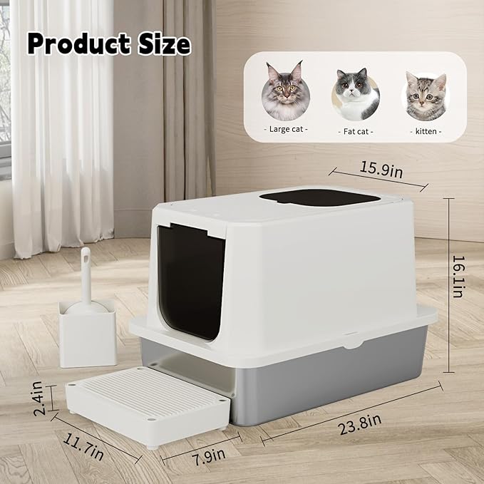 RIZZARI Stainless Steel Cat Box: Beige Leak-Proof Large Enclosed Litter Pan Indoor Odorless Tray for Multiple Cats - Teflon Non-Stick Coating - for Cats Under 20 lbs - Ideal for Laundry Room Balcony