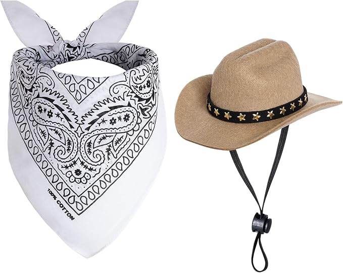 choyaxo Halloween Costumes for Dogs Cat Pet Cowboy Costume Cowboy Hat with Bandana Set for Halloween, Christmas, Holiday, Party, Cosplay (Khaki, Small)