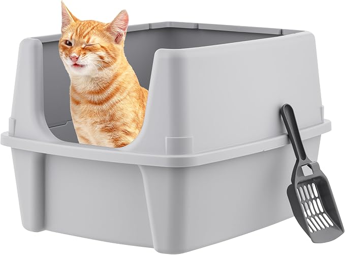 IRIS USA Large Cat Litter Box with Scatter Shield and Scoop, Open Top High Sided Cat Litter Pan, Silver