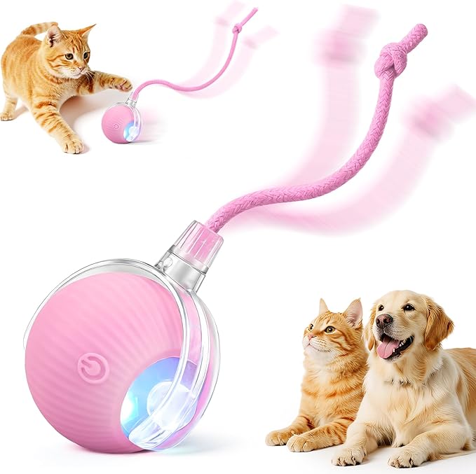 Interactive Electric Automatic Rolling Moving USB Rechargeable Self Activated Play Stimulation Toy Smart Chase Teaser Ball with Speedy Tail Rope for Bored Adult Indoor Cats and Dogs, Pink
