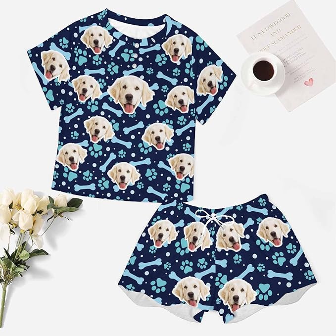 D-Story Custom Short Pajama Set with Pet Face Personalized Photo Sleepwear 2 Pieces Pjs Nightwear Xmas Gift for Women