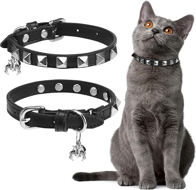 EXPAWLORER Halloween Leather Cat Collar - Adjustable Pet Collar with Rivet Spike for Girl Boy Cats, Punk Accessories with Bell & Durable D-Ring,Silver Square Nails