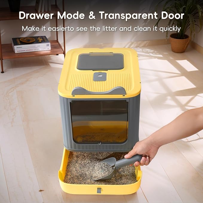 Upgraded Fully Enclosed Cat Litter Box with Lid, Covered Cat Box Enclosure, Anti-Splashing Easy to Clean Kitty Litter Boxes with Drawer, 3 Modes can Use from Kitten to Adult(Yellow&Grey)