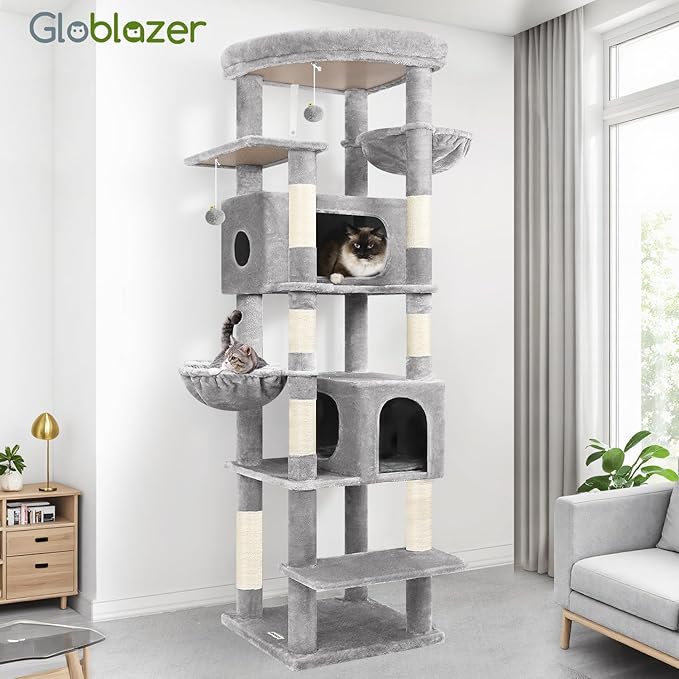 Globlazer Heavy Duty Cat Tree, 74in Sturdy Cat Tower for Large Cats Adult, Big Cat Tree with 7 Sisal Scratching Posts, 2 Padded Condos, 2 Dual-Ear Hanging Baskets, Enlarged Top Perch, S74, Light Grey