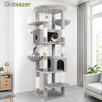 Globlazer Heavy Duty Cat Tree, 74in Sturdy Cat Tower for Large Cats Adult, Big Cat Tree with 7 Sisal Scratching Posts, 2 Padded Condos, 2 Dual-Ear Hanging Baskets, Enlarged Top Perch, S74, Light Grey