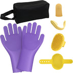 7PCS Dog Bath Brush | Pet Grooming Gloves | Storage Bag | Soothing Massage Rubber Comb with Adjustable Ring Handle | Pet Bathing for Dogs and Cats (Lavender Purple)
