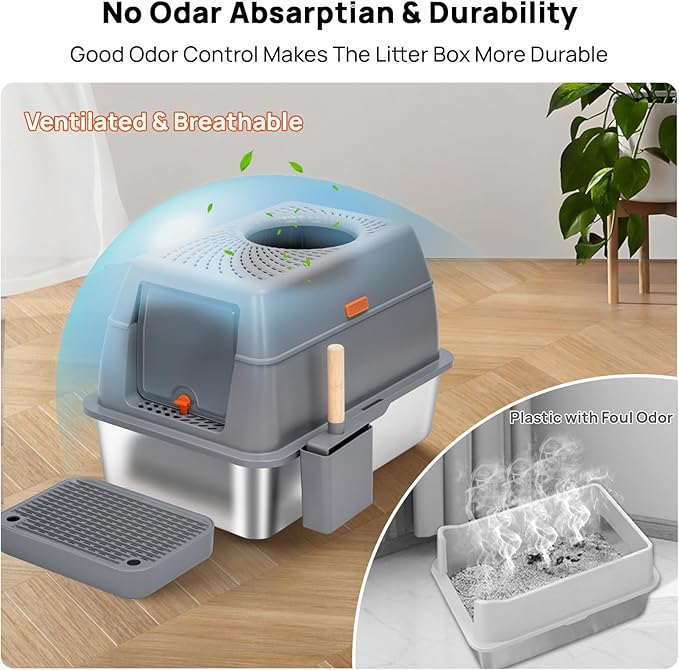 Stainless Steel Litter Box with Lid, SUS304 Metal Cat Litter Boxes, Enclosed Extra Large Kitty LitterBox High Wall, Jumbo Cat Toilet with Triple Pedal, Non-Sticky, Anti-Leakage (XL Grey)