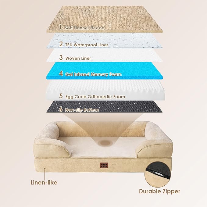 EHEYCIGA Orthopedic Dog Beds for Large Dogs, Waterproof Memory Foam Large Pet Bed with Sides, Non-Slip Bottom and Egg-Crate Foam Dog Couch Bed with Washable Removable Cover, Greige